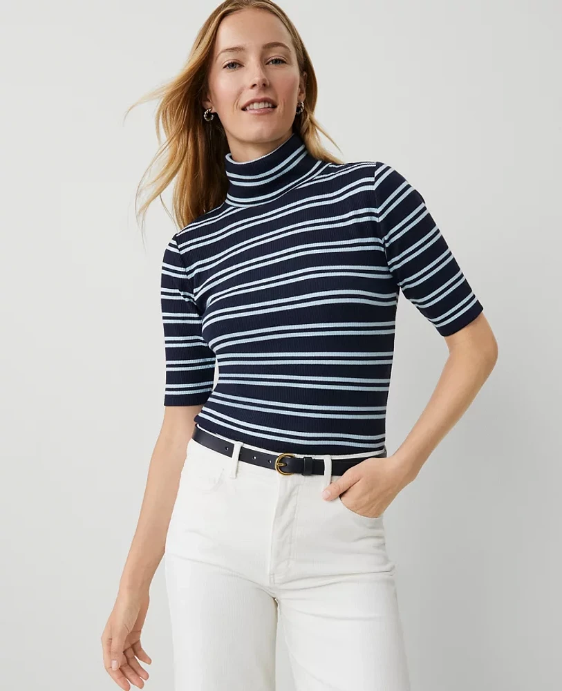 Ann Taylor Weekend Collection Stripe Ribbed Turtleneck Elbow Sleeve Top Women's
