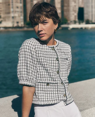 Ann Taylor Gingham Tweed Puff Sleeve Jacket Size 10 White/Black Multi Women's