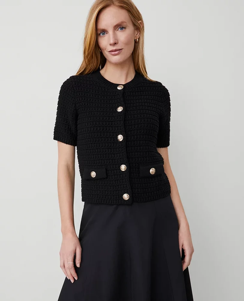 Ann Taylor Geo Stitch Short-Sleeve Cardigan Size XL Black Women's