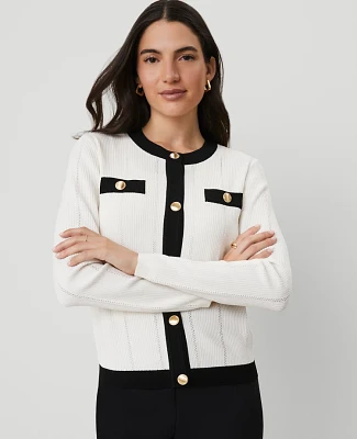 Ann Taylor Contrast Trim Cardigan Size Small White/Black Multi Women's