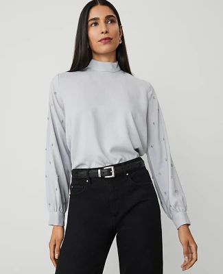 Ann Taylor Petite Embellished-Sleeve Mock-Neck Top Magnesium Women's