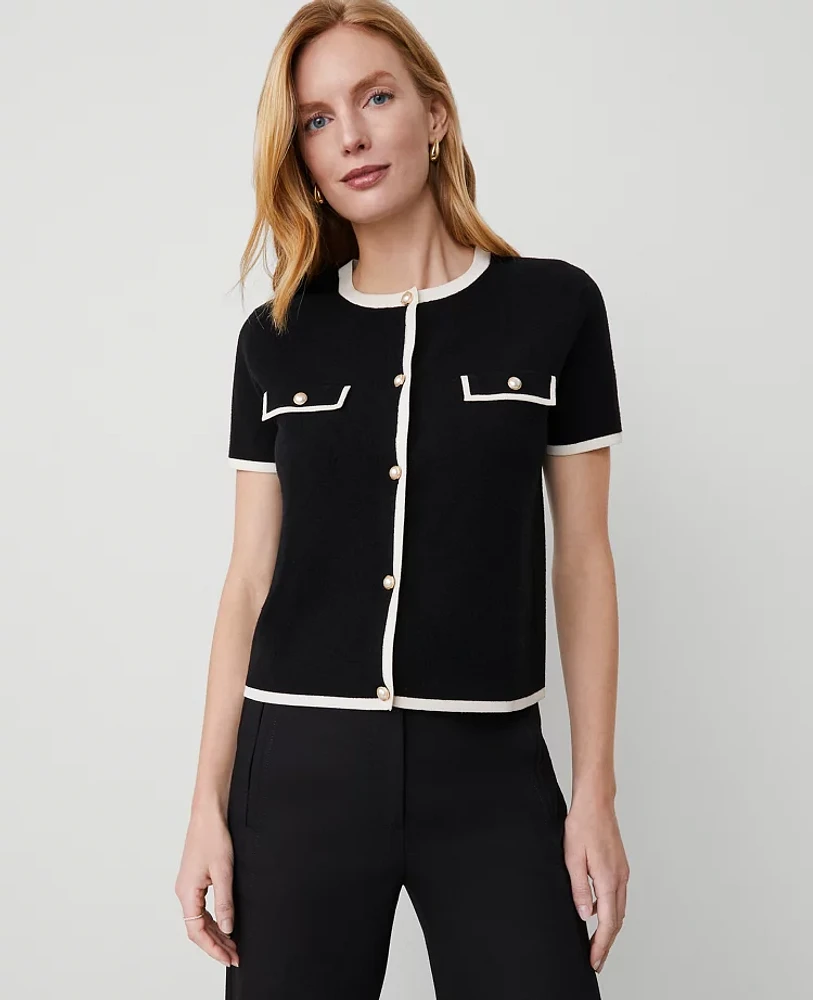Ann Taylor Pearlized Button Short-Sleeve Cardigan Size XL Black/White Combo Women's
