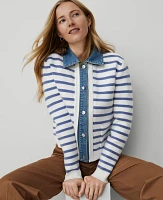 Ann Taylor Weekend Collection Striped Denim Sweater Jacket Light Blue/White Combo Women's