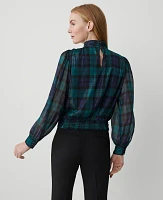Ann Taylor Tall Tartan Shirred Mock Neck Popover Top Rainforest Women's