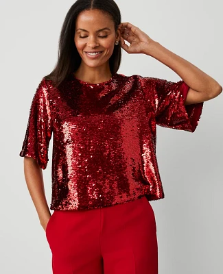 Ann Taylor Sequin Short Sleeve T-Shirt Size XS Gingham Red Women's