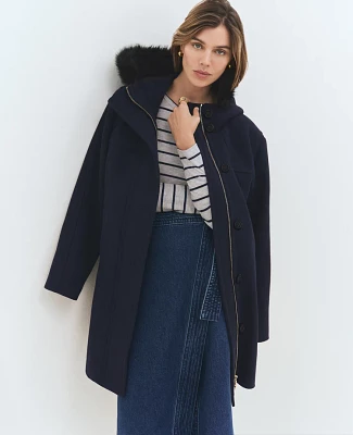 Ann Taylor Weekend Collection Faux Fur Trim Duffle Coat Night Sky Women's