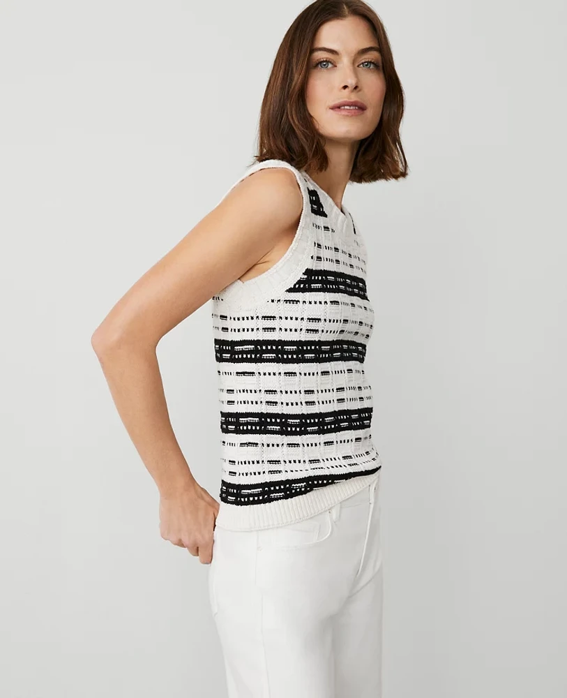 Ann Taylor Striped Tweed Sweater Shell Top Size Medium White/Black Multi Women's