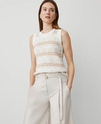 Ann Taylor Striped Tweed Sweater Shell Top Camel/White Combo Women's