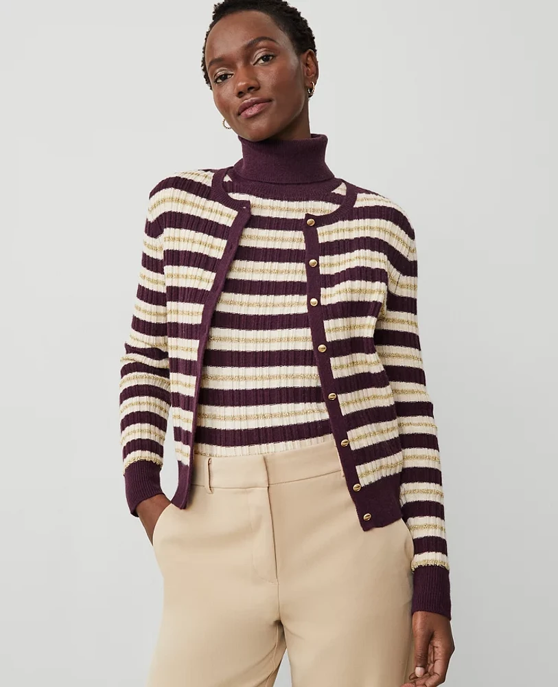 Ann Taylor Petite Textured Stripe Cardigan Neutral/White Combo Women's