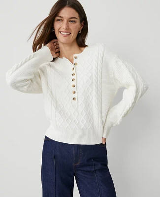 Ann Taylor Petite Weekend Collection Cable Henley Sweater Winter White Women's