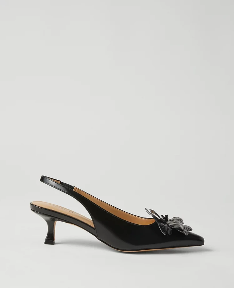 Ann Taylor Floral Slingback Leather Kitten Heel Pumps Black Women's