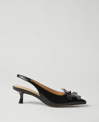 Ann Taylor Floral Slingback Leather Kitten Heel Pumps Black Women's