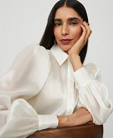 Ann Taylor Petite Organza Voluminous Collared Shirt Size 2XS Winter White Women's
