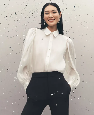 Ann Taylor Petite Organza Voluminous Collared Shirt Size 2XS Winter White Women's