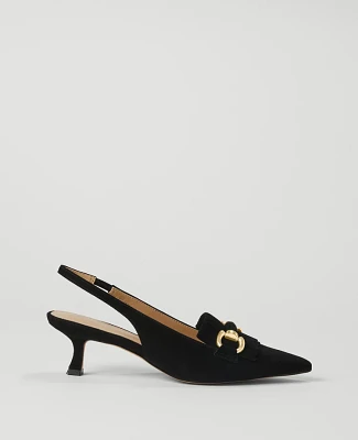 Ann Taylor Horsebit Fringe Suede Kitten Heels Black Women's