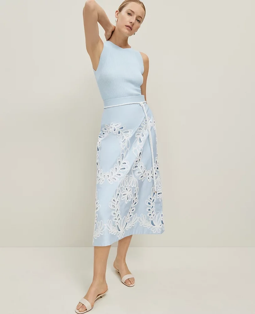 Ann Taylor Embroidered Tea Length Skirt Zephyr Blue Women's