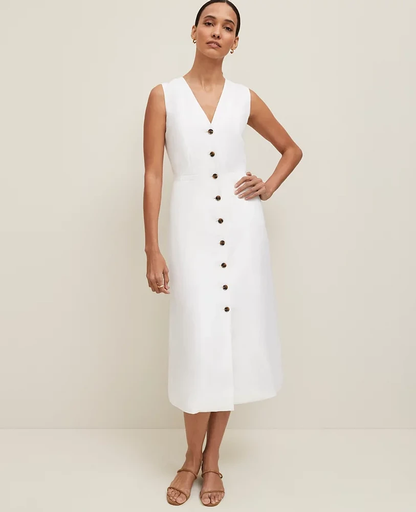 Ann Taylor Linen Blend V-Neck Shirtdress Size 14 White Women's