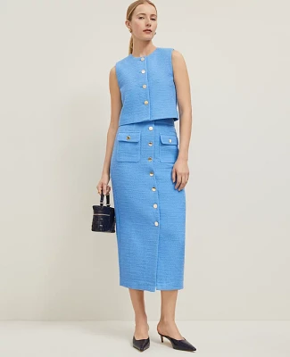 Ann Taylor Tweed Button Column Skirt Maritime Blue Women's