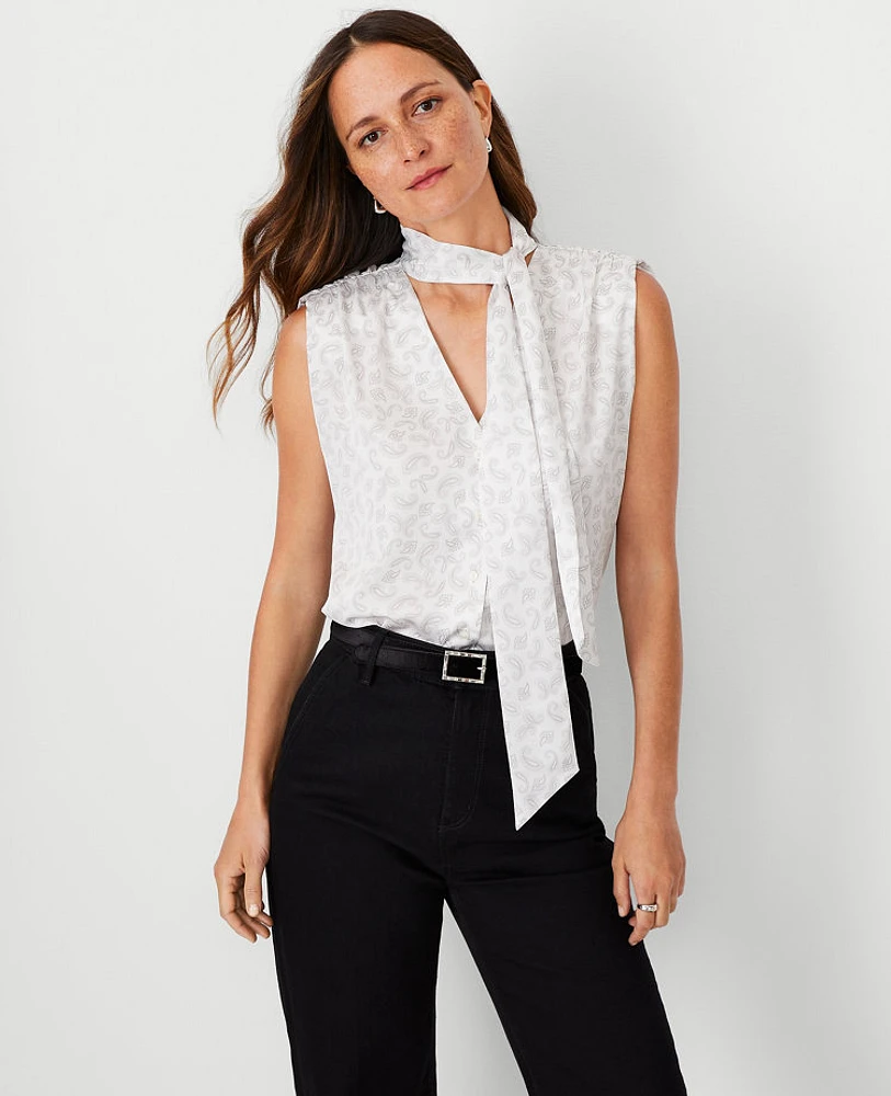 Ann Taylor Paisley Shirred Shoulder Tie Neck Top Size XL Winter White-Putty Blue Women's