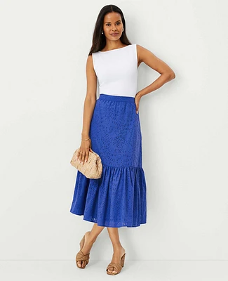 Ann Taylor Petite Eyelet Gathered Flounce Midi Skirt Size 00 Dazzling Blue Women's