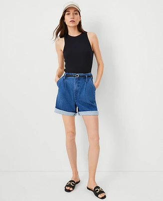 Ann Taylor Petite Belted Denim Shorts Bright Medium Stone Wash Women's