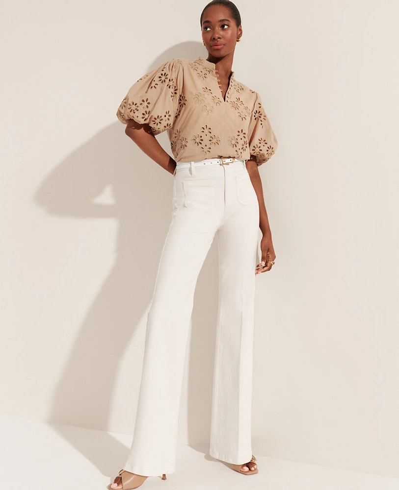 Ann Taylor High Rise Patch Pocket Flare Jeans in Ivory Size 14 Women's