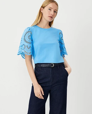 Ann Taylor Petite Eyelet Sleeve Pima Cotton T-Shirt Cerulean Blue Women's