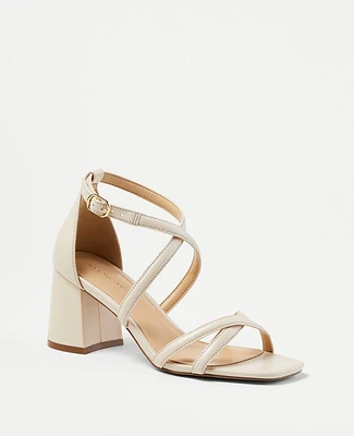 Ann Taylor Leather Cross Strap Block Heel Sandals Size 11 Pearl Shadow Women's