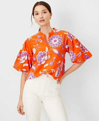 Ann Taylor Petite Floral Cotton Blend Pleated Sleeve Popover Top Size 2XS Flame Azalea Women's