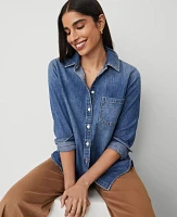Ann Taylor Petite Weekend Collection Denim Pocket Shirt Size XS Classic Mid Wash Women's