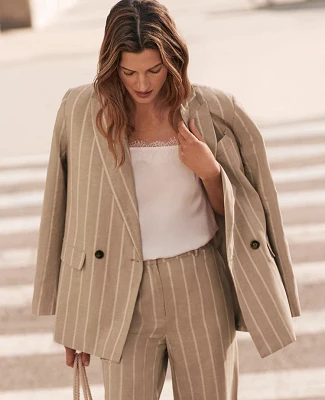 Ann Taylor The Double Breasted Blazer in Pinstripe Size 14 Sandstorm Women's