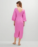 Ann Taylor Linen Blend Puff Sleeve Midi Dress Pink Orchid Women's