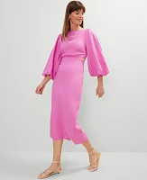 Ann Taylor Linen Blend Puff Sleeve Midi Dress Pink Orchid Women's