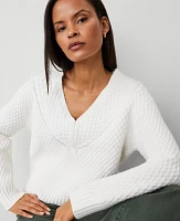 Ann Taylor Petite Geo Stitch V-Neck Sweater Winter White Women's