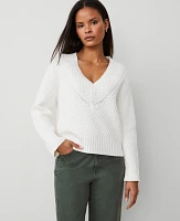 Ann Taylor Petite Geo Stitch V-Neck Sweater Winter White Women's