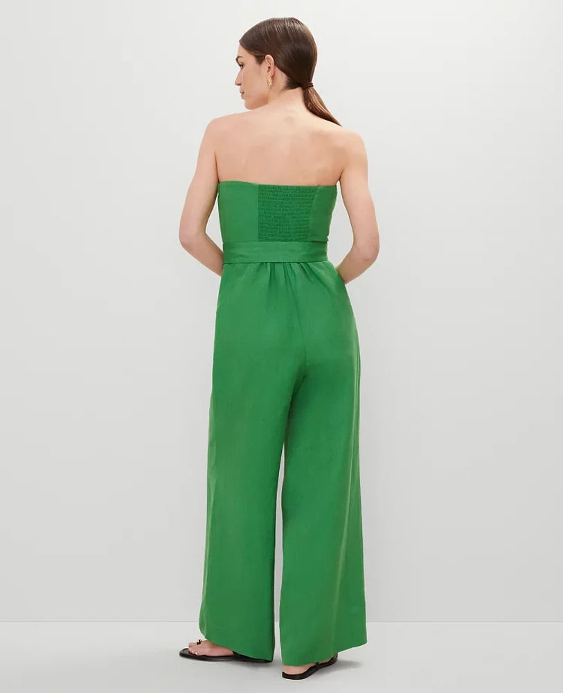Ann Taylor Belted Strapless Linen Blend Jumpsuit Natural Green Women's