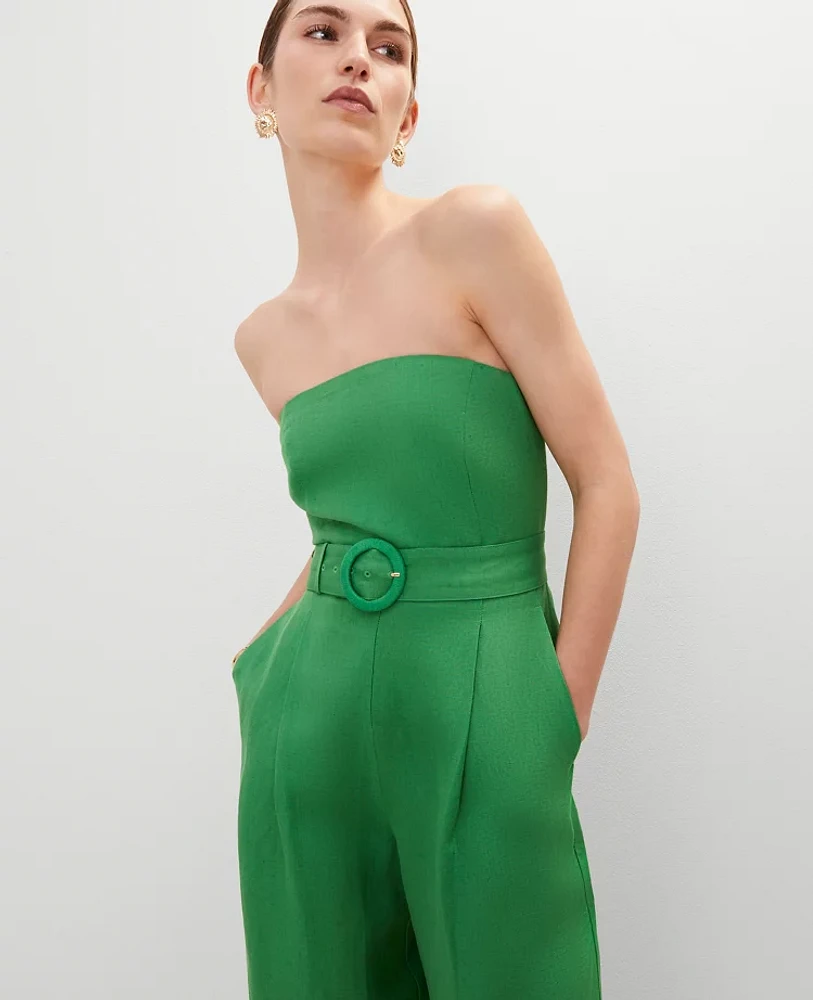 Ann Taylor Belted Strapless Linen Blend Jumpsuit Natural Green Women's