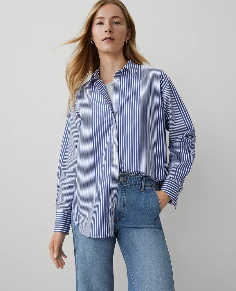 Ann Taylor Petite Weekend Collection Striped Oversized Shirt Deep Grotto Women's
