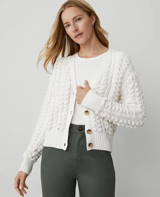 Ann Taylor Petite Weekend Collection Stitched V-Neck Cardigan Size Medium Winter White Women's