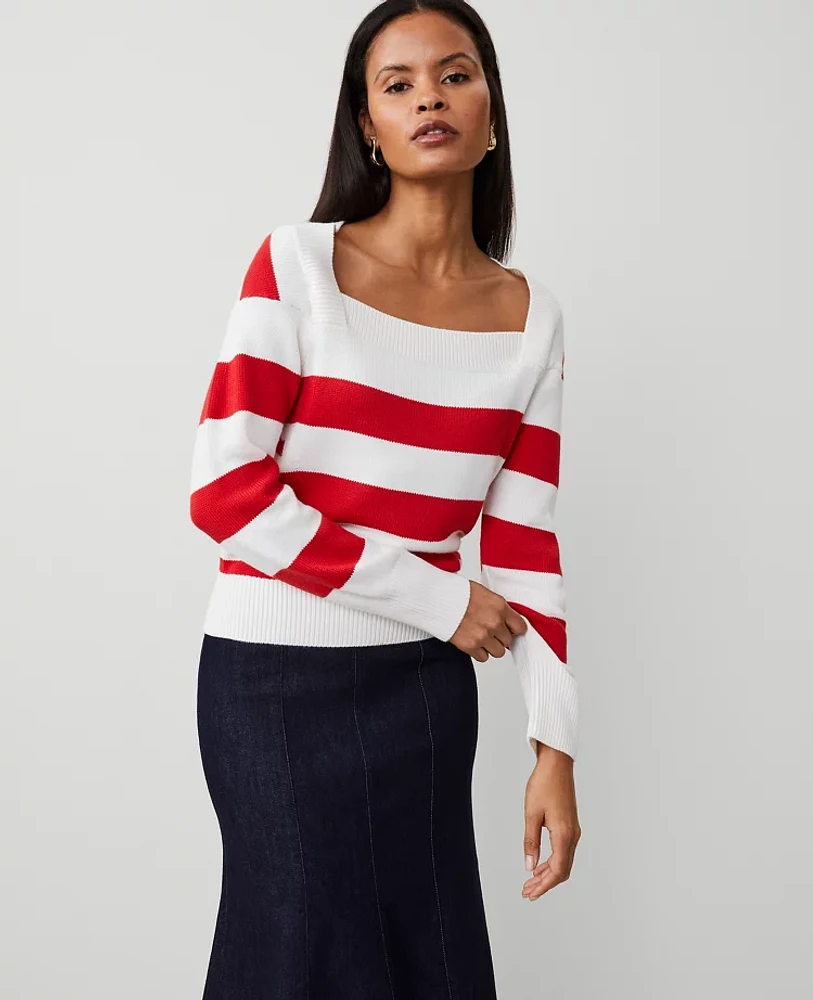 Ann Taylor Petite Striped Envelope Neck Sweater White/Red Combo Women's