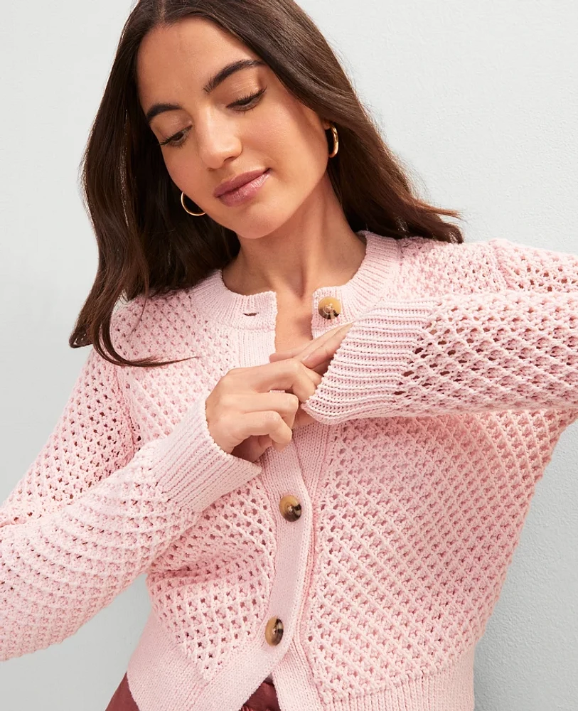 Ann Taylor Weekend Collection Open Stitch Scalloped Cardigan Size Large Chalk Dust Pink Women's