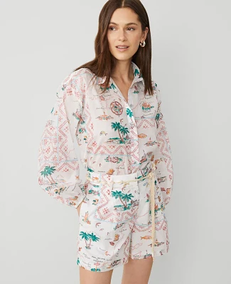Ann Taylor Map Print Blouson Sleeve Blouse Burnt Mauve Women's