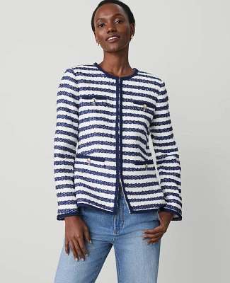 Ann Taylor Petite Striped Boucle Tweed Fitted Jacket Blue/White Combo Women's