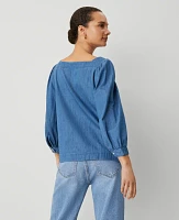 Ann Taylor Puff Sleeve Blouse Light Blue Chambray Women's