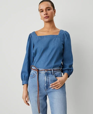 Ann Taylor Puff Sleeve Blouse Light Blue Chambray Women's