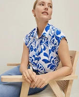 Ann Taylor Tiled Split Neck Popover Top Power Blue Women's