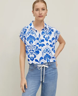 Ann Taylor Tiled Split Neck Popover Top Power Blue Women's