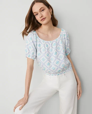 Ann Taylor Tiled Linen Blend Bubble Hem Blouse Sea Isle Women's