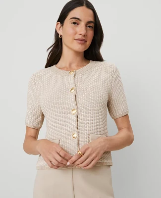Ann Taylor Geo Stitch Short-Sleeve Cardigan Size XL Tan/White Women's