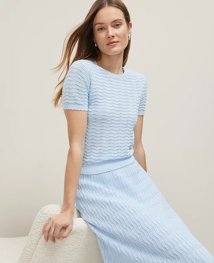 Ann Taylor Petite Wavy Stitch Scalloped Sweater T-Shirt Size 2XS Zephyr Blue Women's